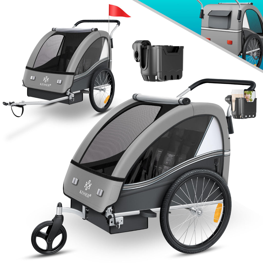 Remorque vélo enfant 2 en 1 Sport-RX avec fonction jogging 2 places ceinture 5 points roue avant 360° 160 x 76 x 98 cm