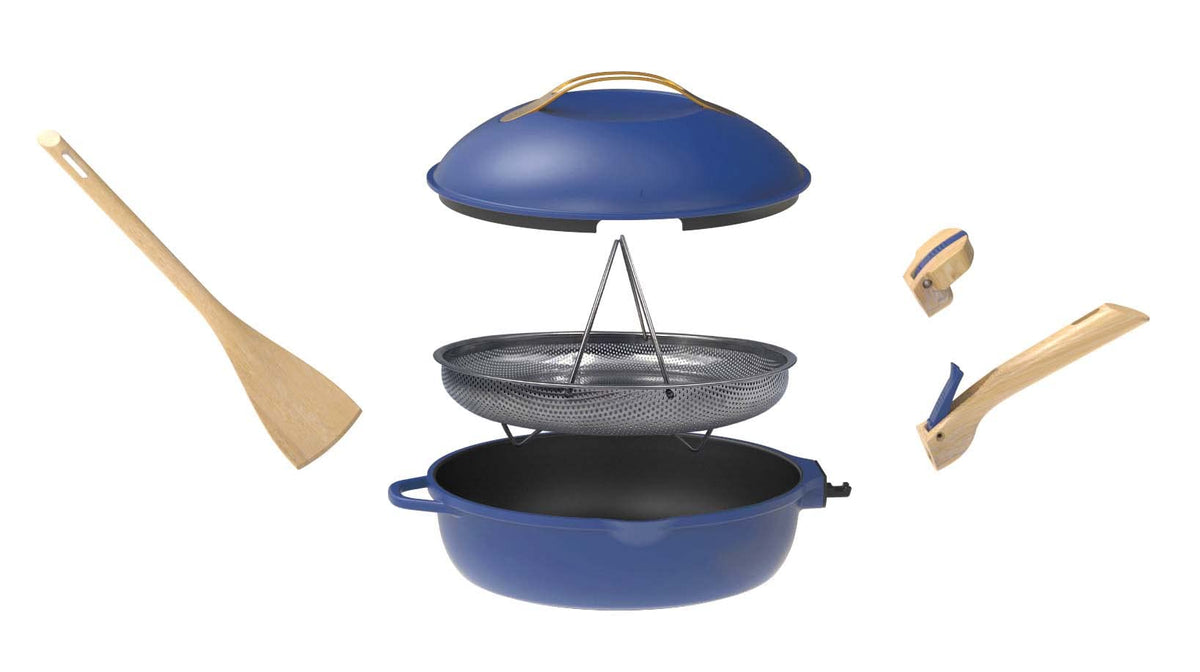 Poêle 8 en 1 FAB28 Saphir 28 cm Antiadhésive Tous Feux Four 240°C 2 Poignées Amovibles Panier Vapeur Spatule en Bois