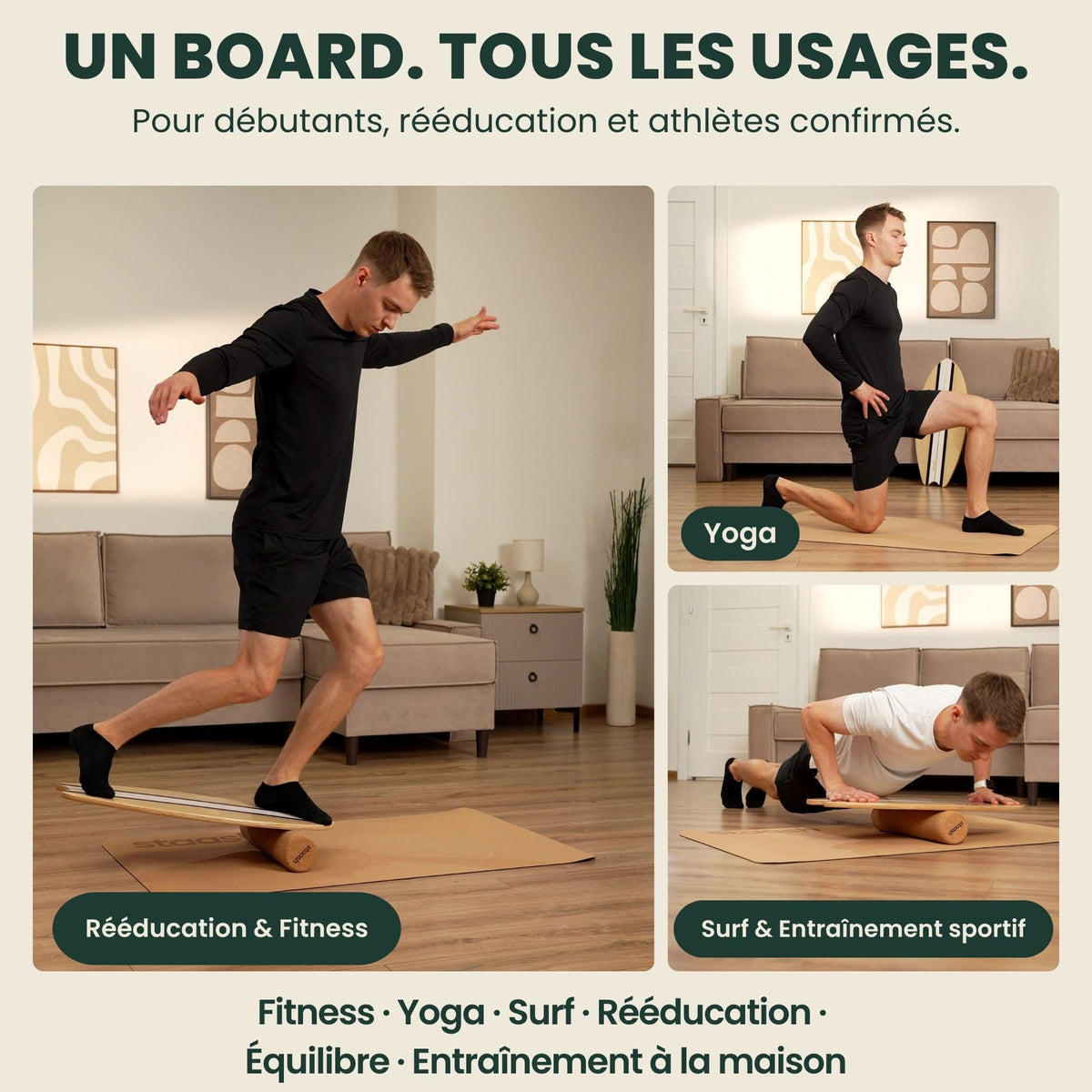 Planche d'équilibre en bois antidérapante pour entraînement équilibre posture proprioception charge maximale 120 kg kit complet