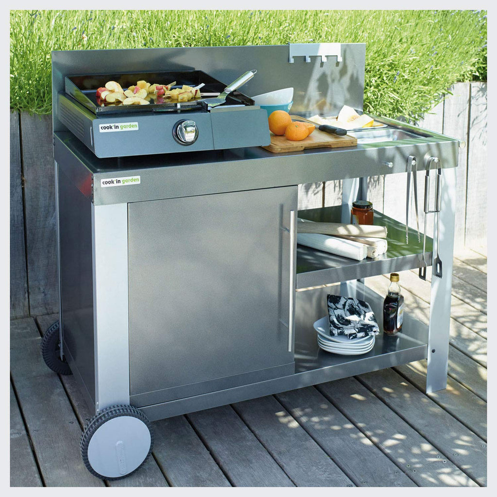 Desserte de Jardin Nova 110 Premium WT018T Acier 122 x 65 x 105 cm 2 Étagères 1 Tiroir Roulettes 50 kg Plancha Barbecue