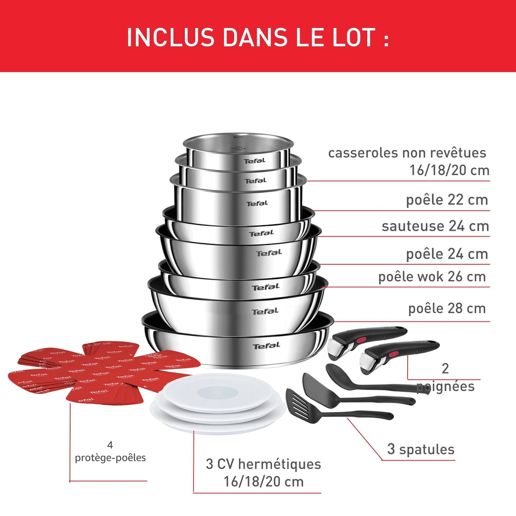 Batterie de cuisine Ingenio L897SK04 20 pièces acier inoxydable antiadhésif induction avec poignées amovibles et couvercles