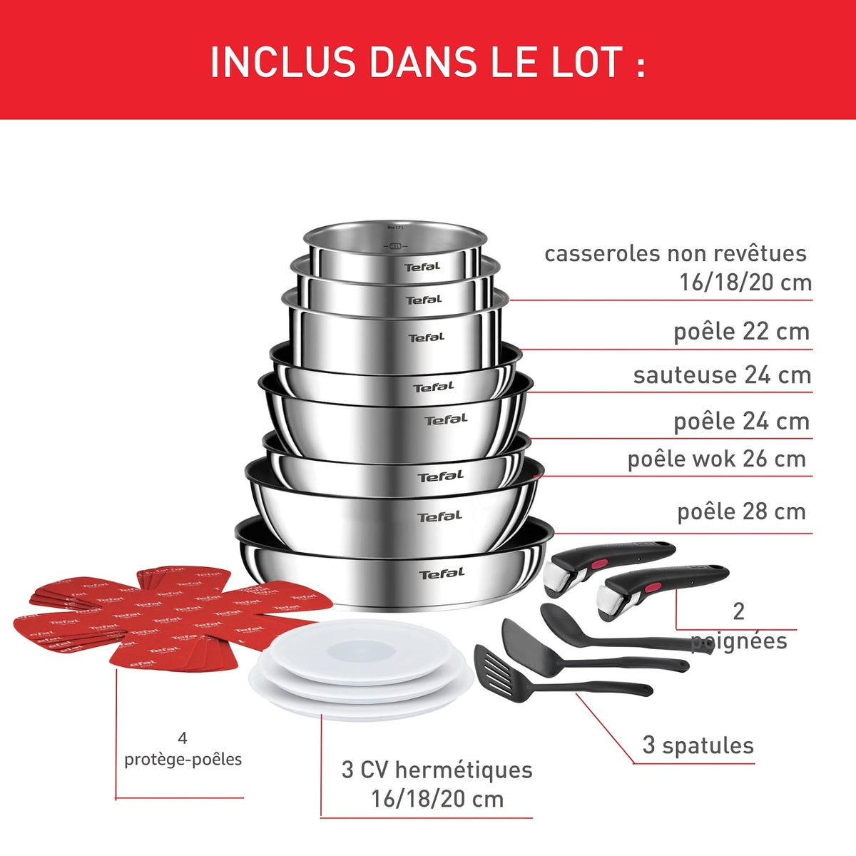 Batterie de cuisine Ingenio L897SK04 20 pièces acier inoxydable antiadhésif induction avec poignées amovibles et couvercles