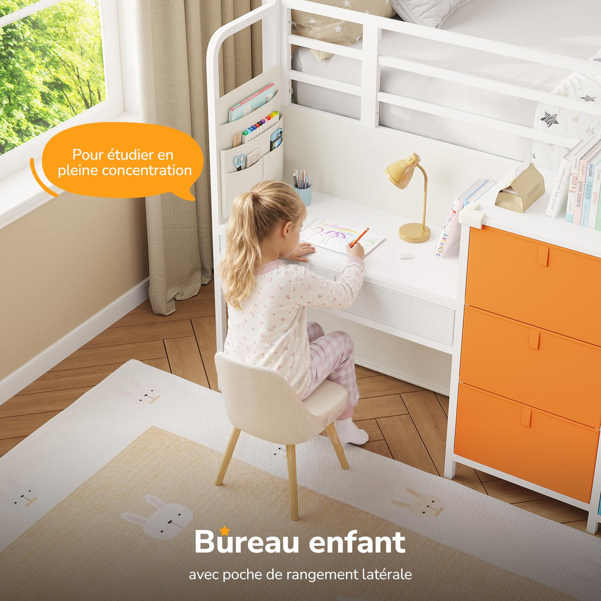 Lit mezzanine enfant 90x200 cm avec bureau intégré LLB-01 éclairage LED 5 rangements 3 étagères charge 100 kg