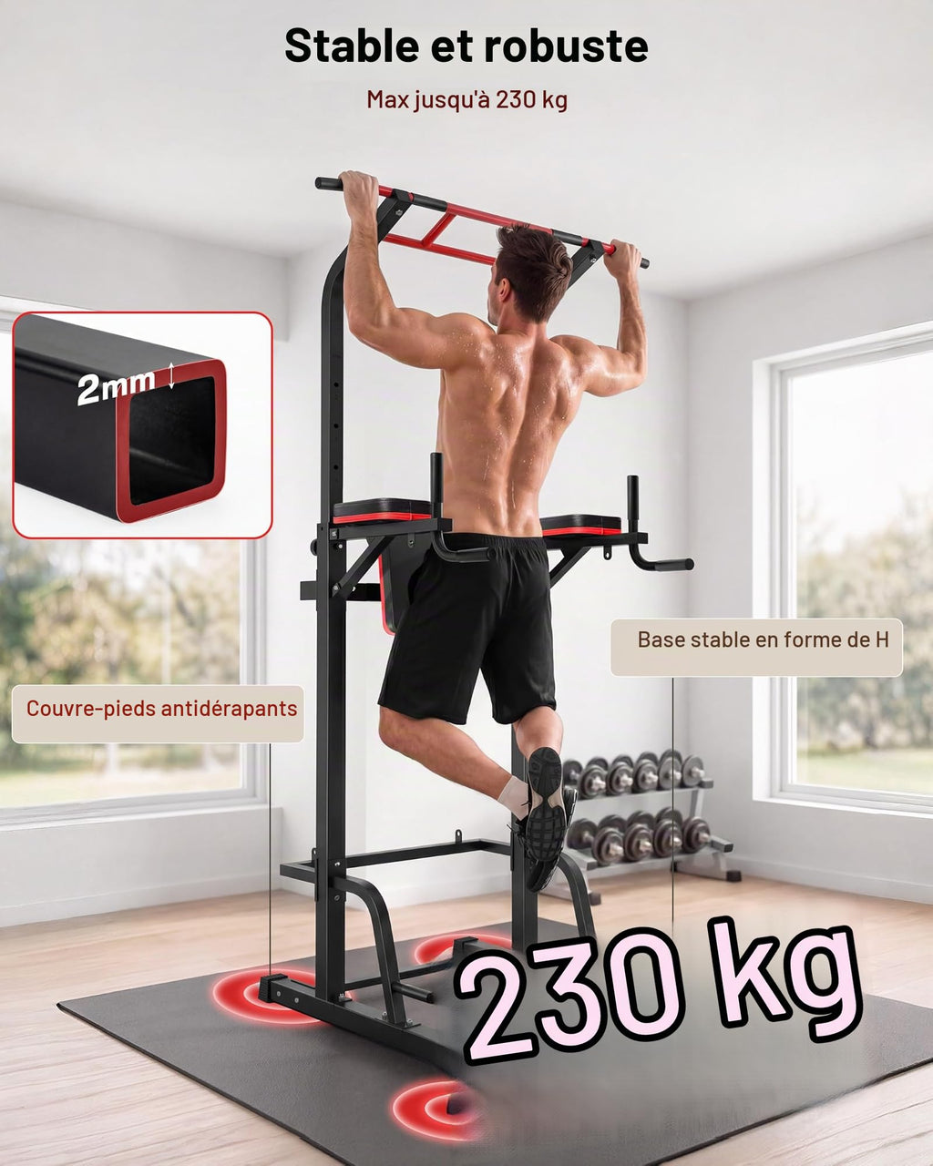 Station de traction multifonctionnelle Power Tower avec support dips hauteur réglable 165 à 235 cm acier allié charge 230 kg