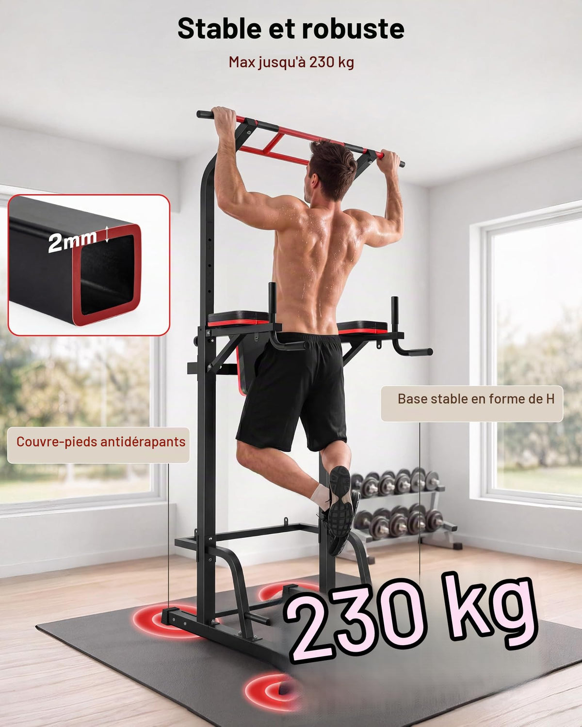 Station de traction multifonctionnelle Power Tower avec support dips hauteur réglable 165 à 235 cm acier allié charge 230 kg