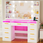 Coiffeuse avec Miroir LED BDT95W 9 Tiroirs 4 Étagères Plateau en Verre 3 Modes d'Éclairage RGB 105 x 40 x 140 cm