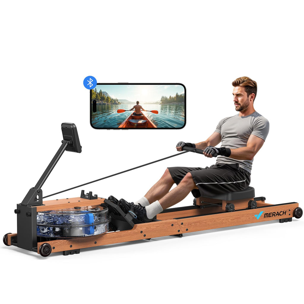 Rameur à eau pliable R28 en bois de frêne 180 kg résistance à eau siège confortable rangement vertical roues
