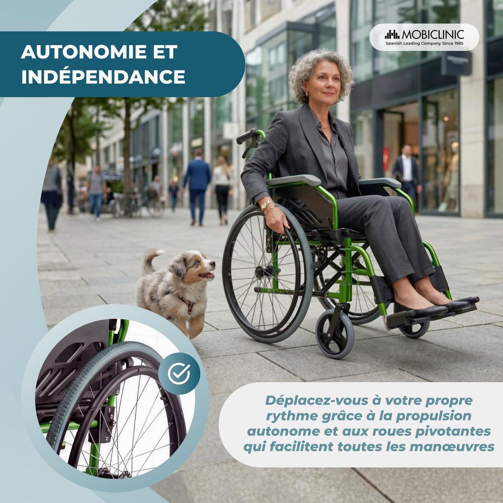 Fauteuil roulant pliable Bolonia en aluminium vert dossier divisible accoudoirs rabattables repose-pieds amovibles assise 46 cm