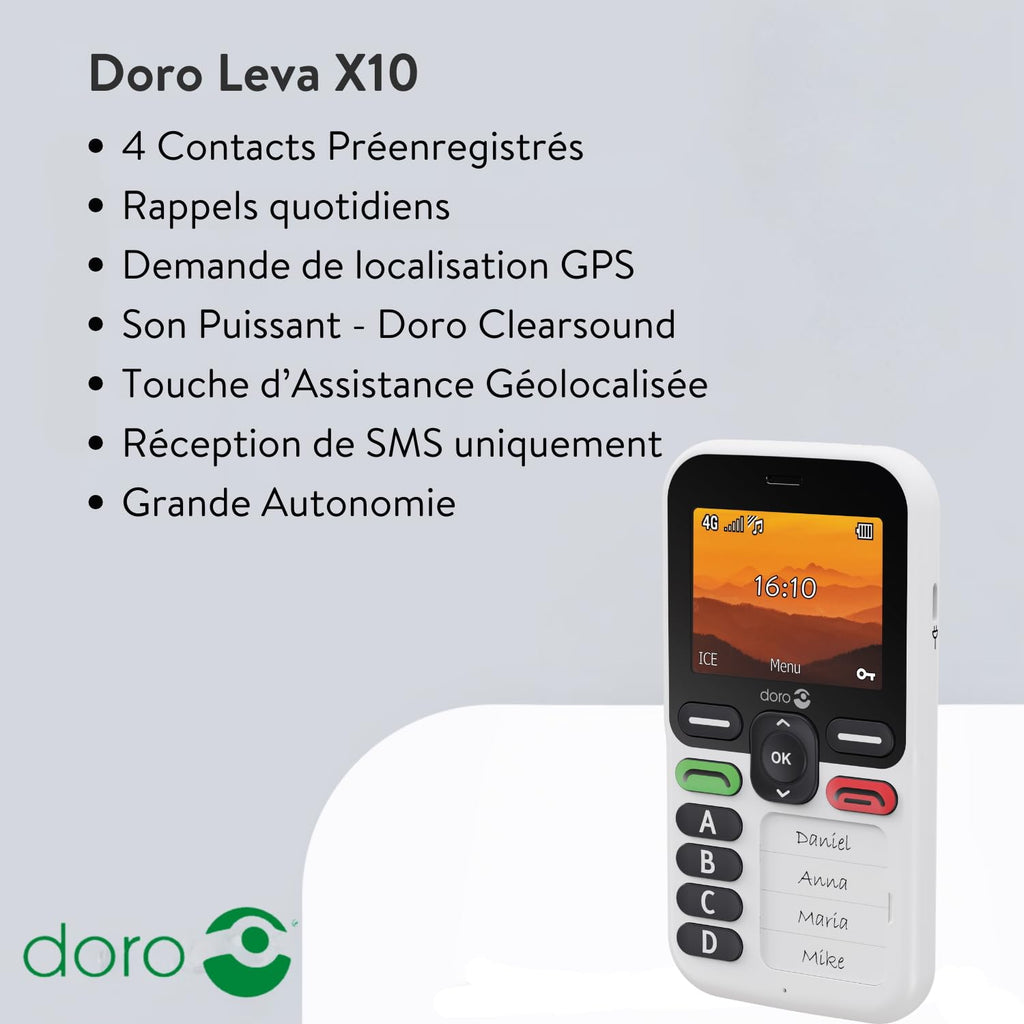 Téléphone Portable 4G Leva X10 Senior Touche d'Assistance GPS 4 Contacts Pré-Enregistrés SMS Blanc
