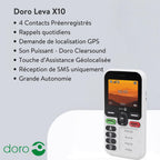 Téléphone Portable 4G Leva X10 Senior Touche d'Assistance GPS 4 Contacts Pré-Enregistrés SMS Blanc