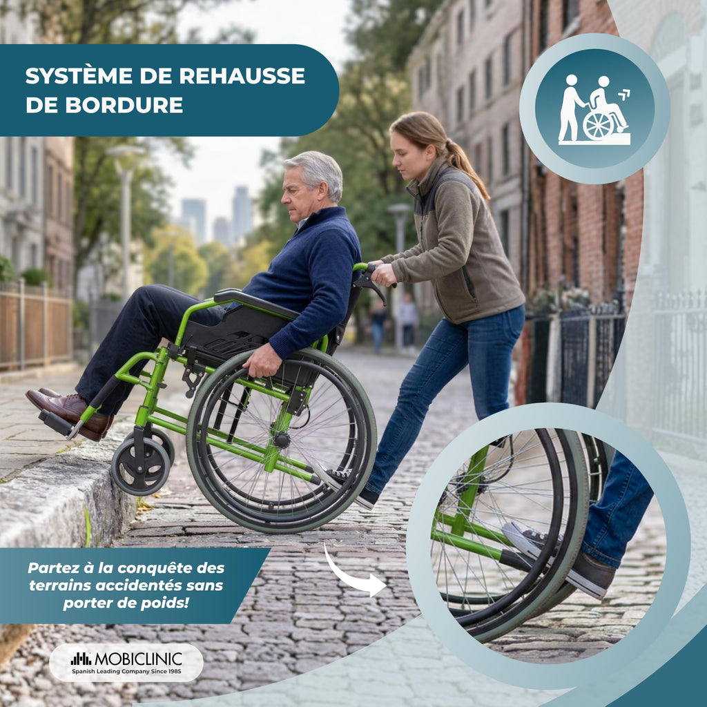 Fauteuil roulant pliable Bolonia en aluminium vert dossier divisible accoudoirs rabattables repose-pieds amovibles assise 46 cm