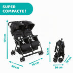 Poussette double tandem OHlalà Twin pliable 8 kg 2 places harnais 5 points assises inclinables capotes extensibles