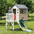 Maison de jeux sur pilotis avec toboggan et échelle plateforme 70 cm plastique recyclé 3 fenêtres dès 2 ans 243 x 160 x 197 cm
