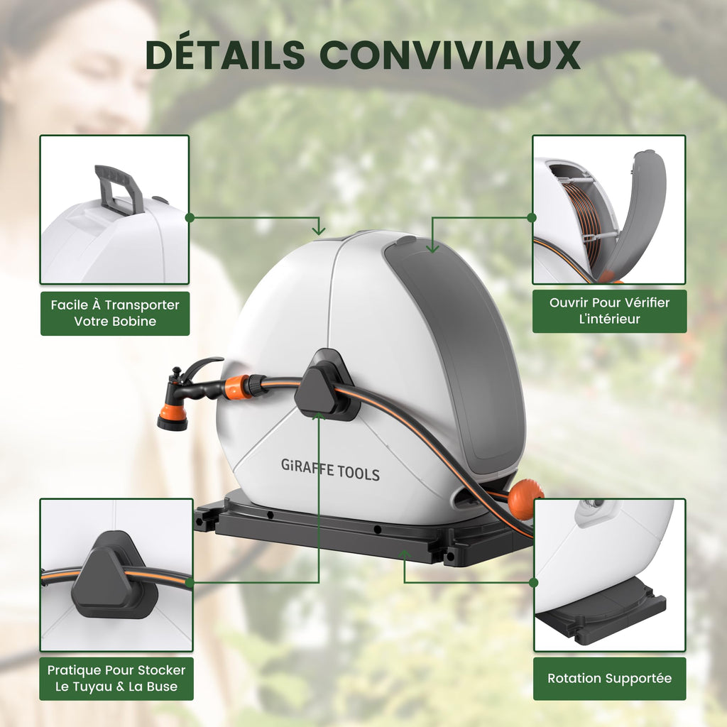 Enrouleur de tuyau d'arrosage rétractable NW40 40 m automatique avec base pivotante à 360° et buse 7 fonctions