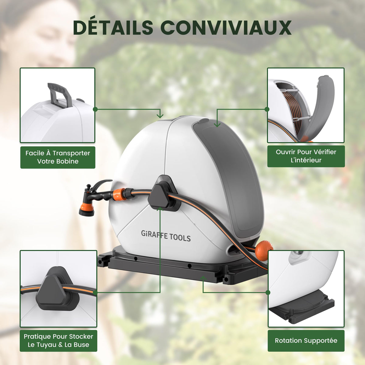 Enrouleur de tuyau d'arrosage rétractable NW40 40 m automatique avec base pivotante à 360° et buse 7 fonctions