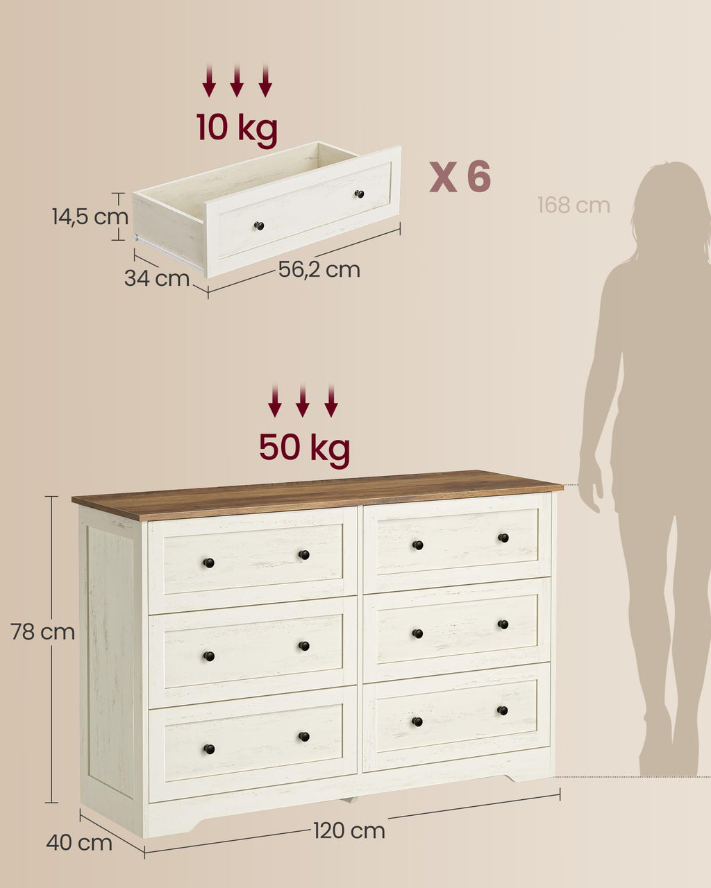 Commode 6 tiroirs LTS663WJ01 40 x 120 x 78 cm bois d'ingénierie blanc rustique marron miel meuble de rangement