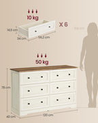 Commode 6 tiroirs LTS663WJ01 40 x 120 x 78 cm bois d'ingénierie blanc rustique marron miel meuble de rangement