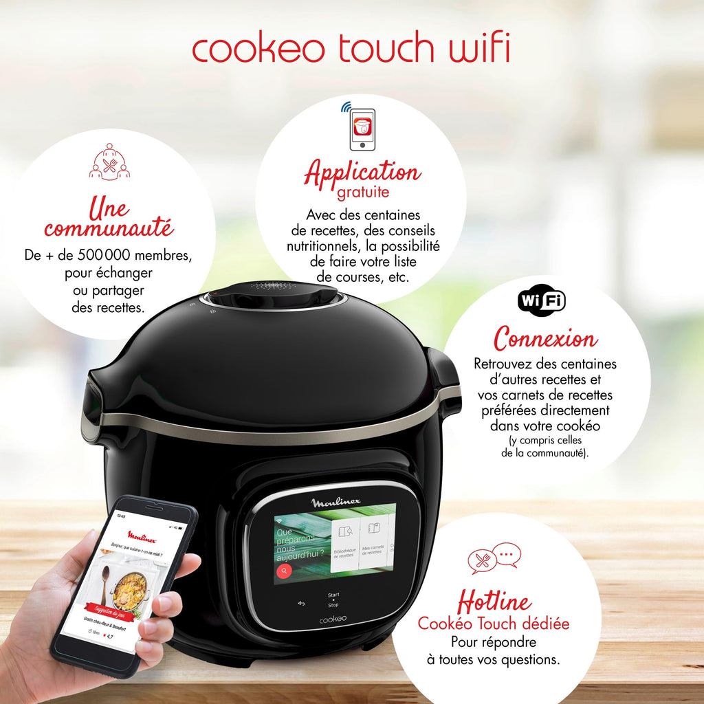Multicuiseur électrique Cookeo Touch WiFi 6 L 1600 W écran tactile 13 modes de cuisson avec panier vapeur