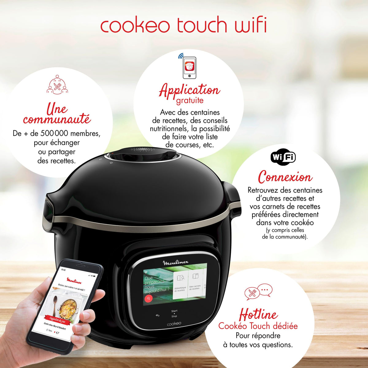 Multicuiseur électrique Cookeo Touch WiFi 6 L 1600 W écran tactile 13 modes de cuisson avec panier vapeur