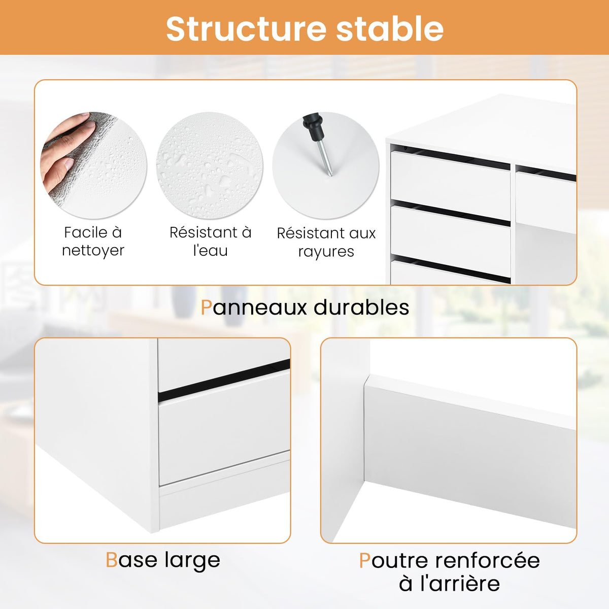 Bureau d'Ordinateur avec Rangement SCD0229 120 x 55 x 75 cm 5 Tiroirs MDF Charge 50 kg Plateau 120 cm Blanc