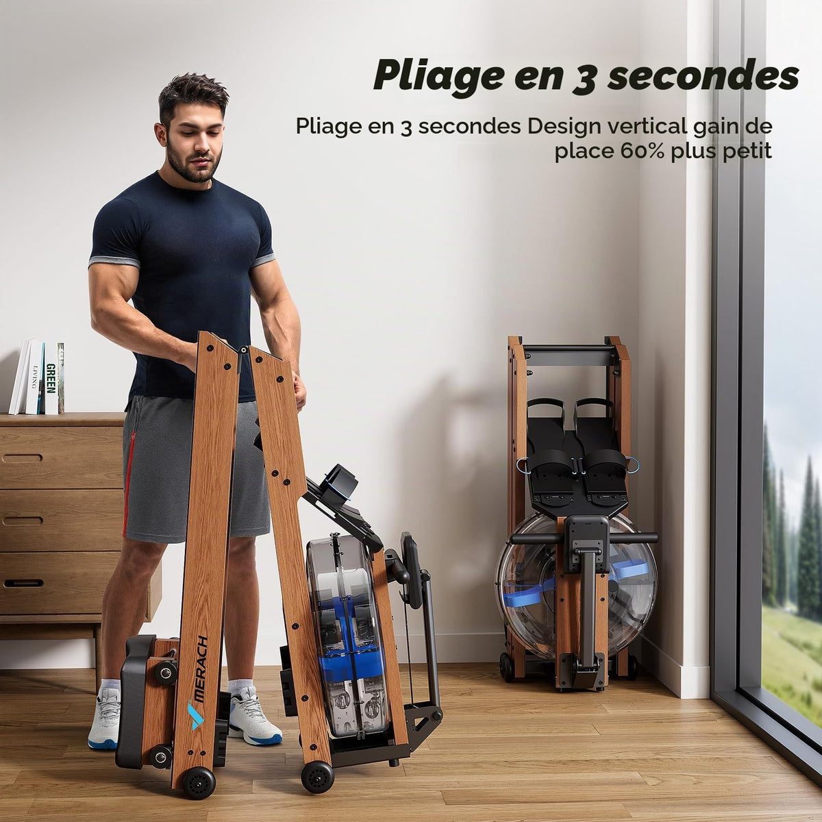 Rameur à eau pliable R28 en bois de frêne 180 kg résistance à eau siège confortable rangement vertical roues