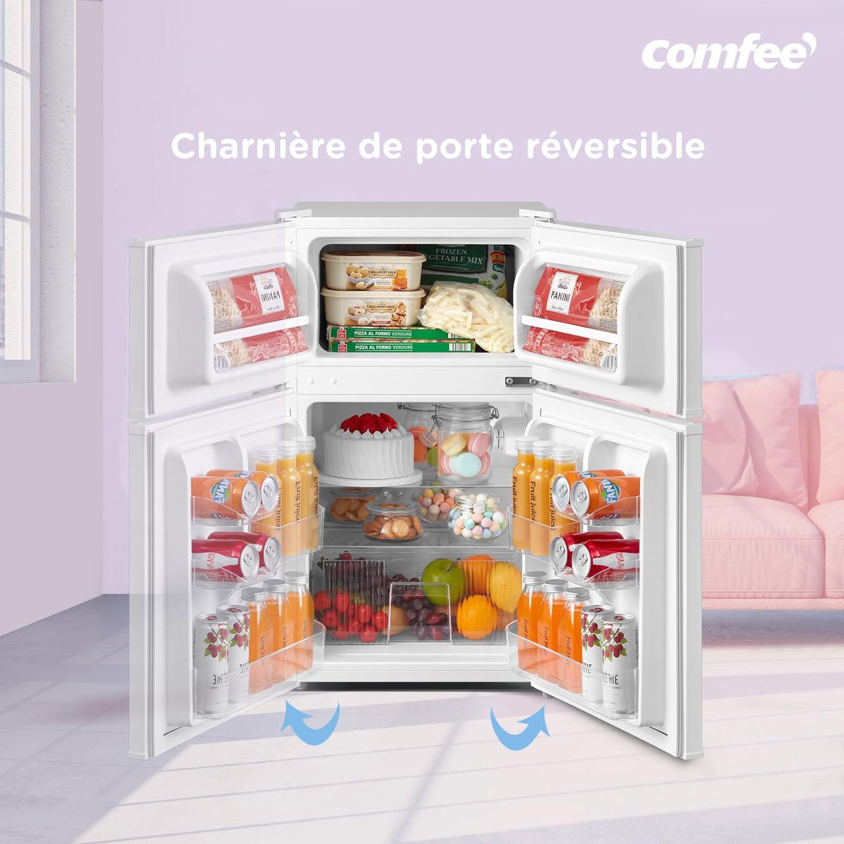 Réfrigérateur Combiné 87 L 2 Portes Congélateur Supérieur Sans Gel 40 dB 220 V Portes Réversibles 2 Étagères Blanc