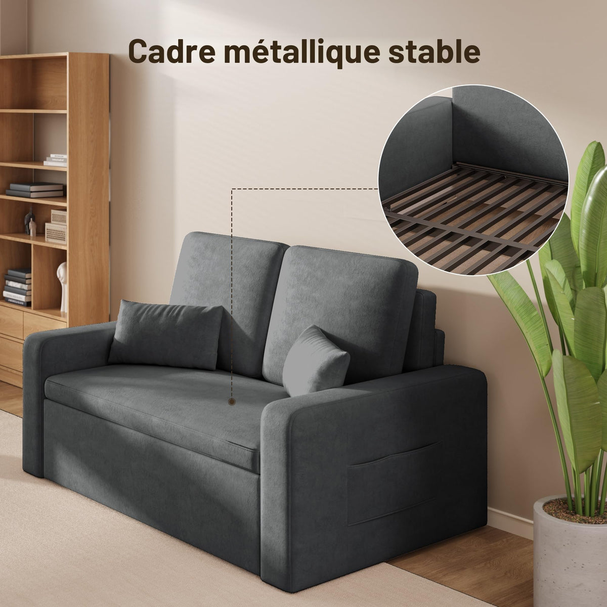 Canapé-lit 2 places convertible AR28 147 x 196 x 87 cm en velours gris foncé avec 4 roulettes et rangement latéral