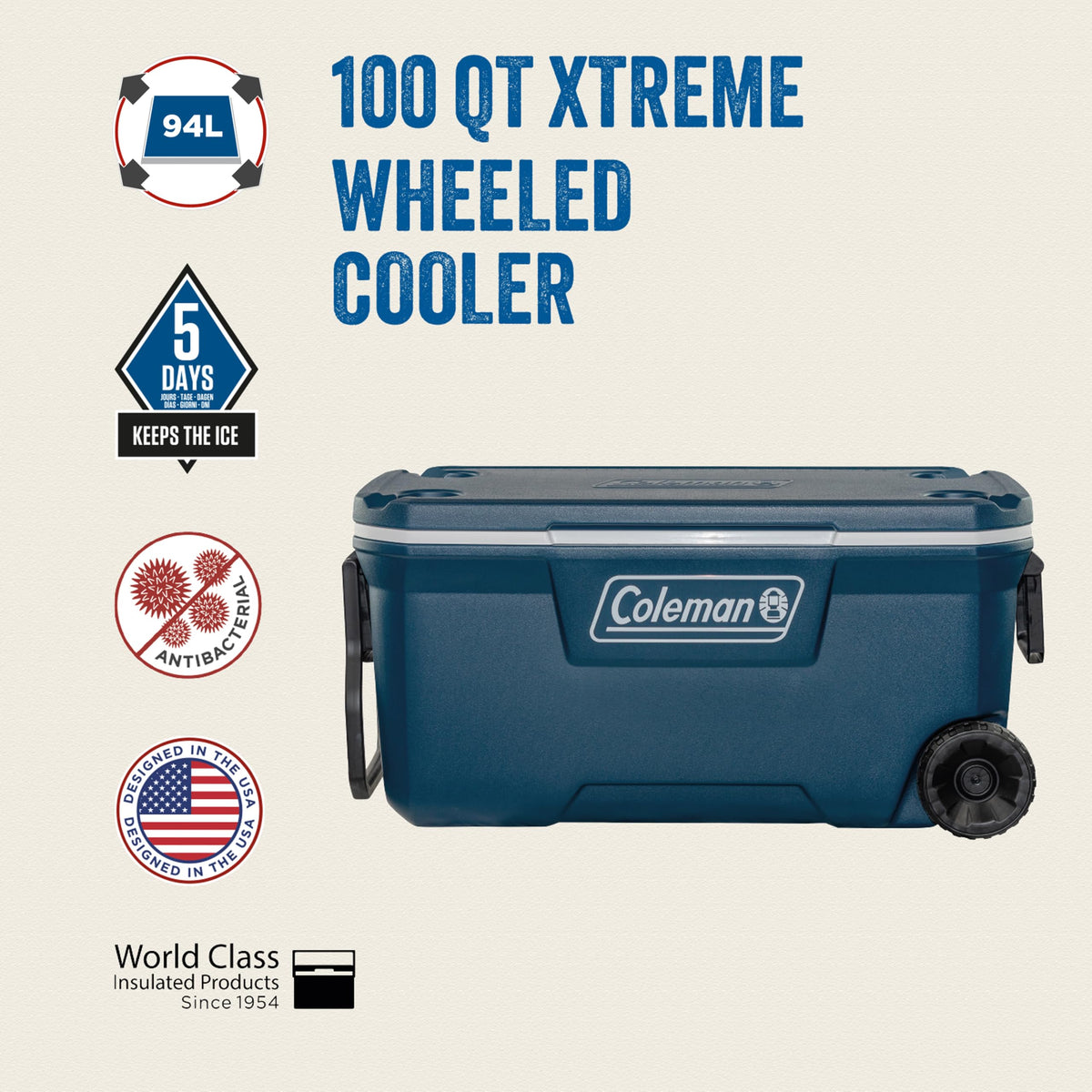 Glacière Rigide Xtreme 94 L avec Roues Isolation Mousse PU Poignées Pivotantes PEHD Bleu Camping Pique-Nique Pêche