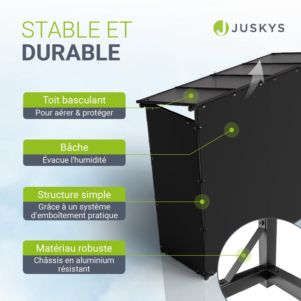 Range-bûches extérieur avec toit 185 x 70 x 185 cm aluminium bâche polyester résistante aux UV étanche sol surélevé toit inclinable noir