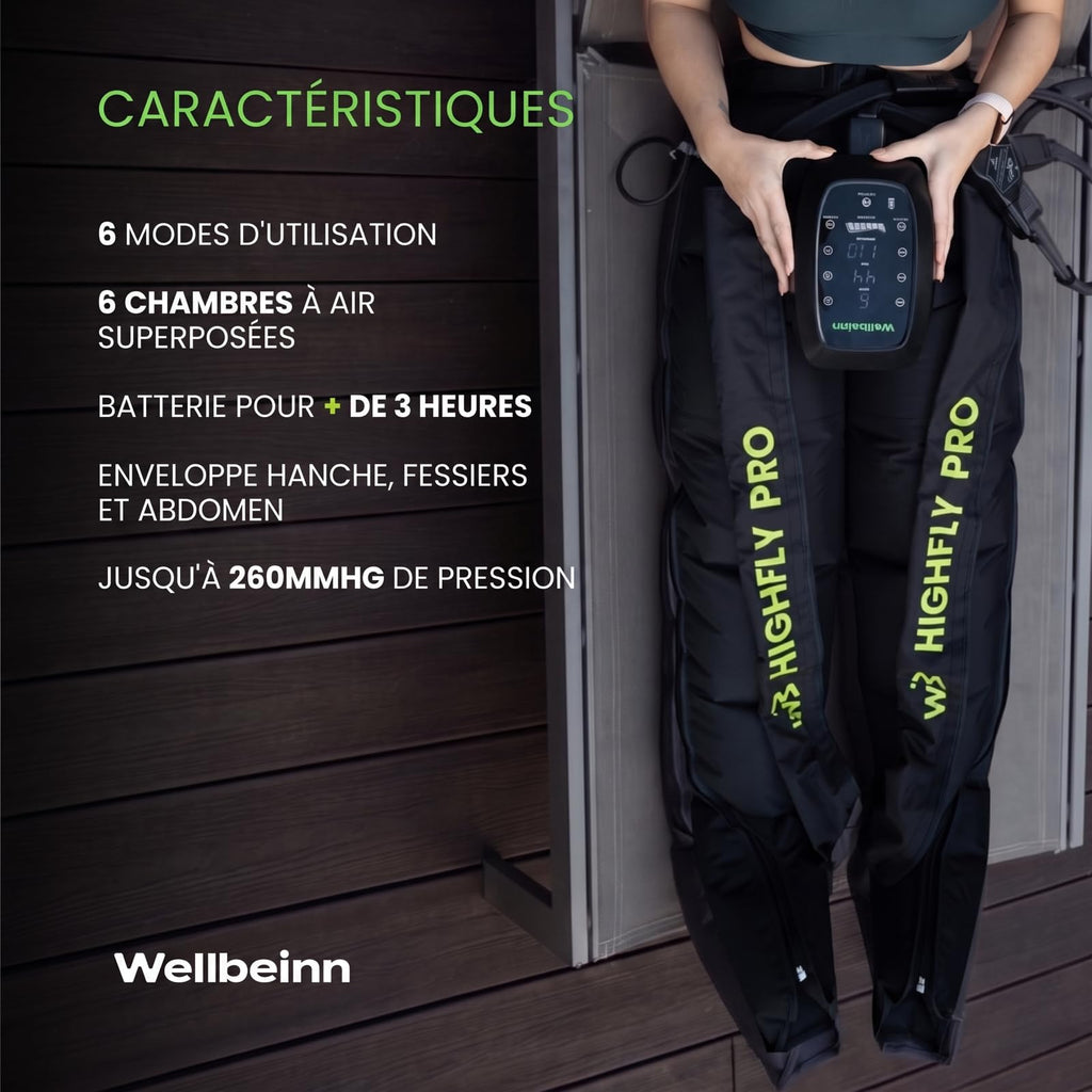 Pantalon de pressothérapie sans fil HighFly Pro 01 6 chambres 0 à 200 mmHg 6 niveaux 5 programmes écran LCD Bluetooth USB-C