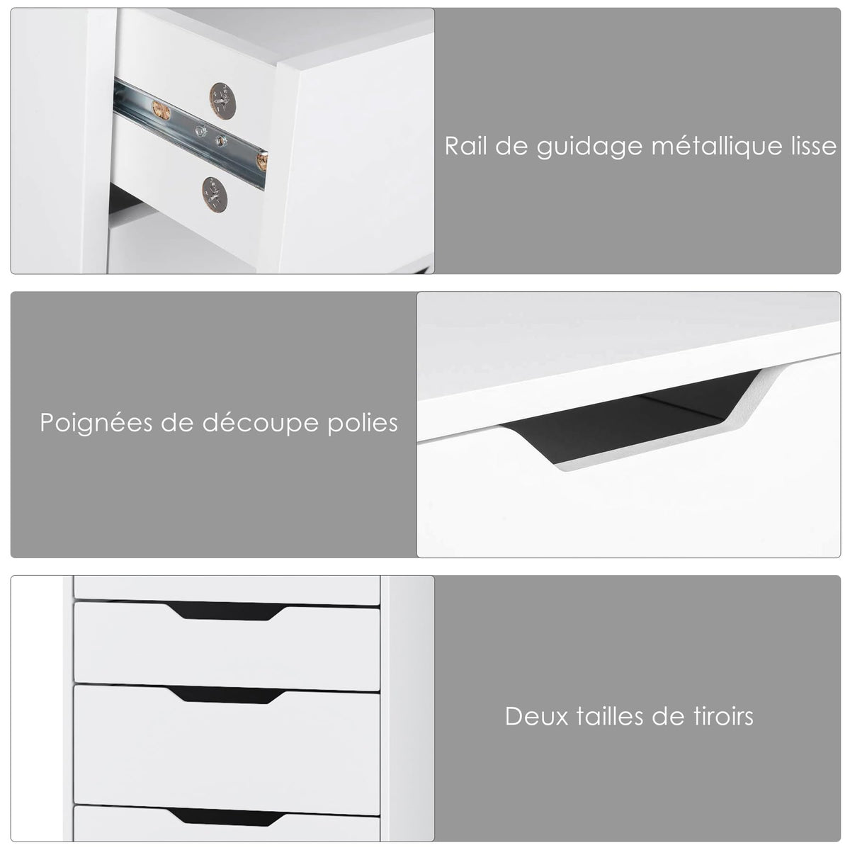 Commode chambre 9 tiroirs M951 124 cm en bois d'ingénierie blanc avec rangement vertical et poignées creuses