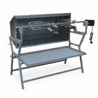 Barbecue charbon de bois avec tournebroche électrique Mathurin Inox inclinable 15 W cuve inox grille de cuisson 4715 cm²