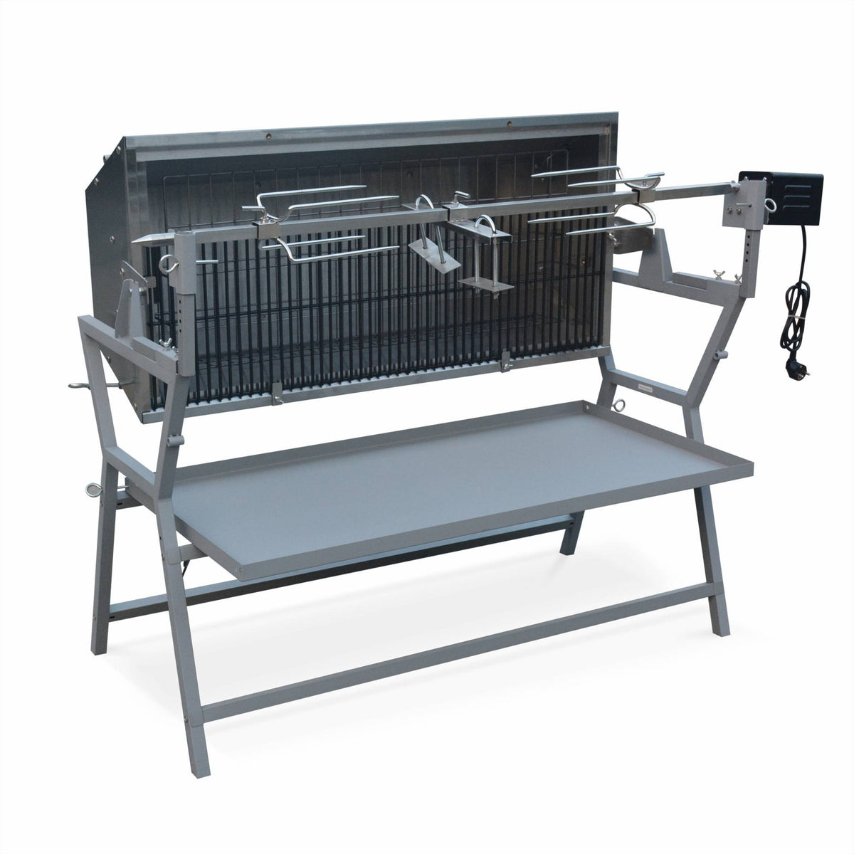 Barbecue charbon de bois avec tournebroche électrique Mathurin Inox inclinable 15 W cuve inox grille de cuisson 4715 cm²