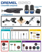 Outil rotatif sans fil 8260 12 V 3 Ah 5000 à 35000 tr/min moteur sans charbon 65 accessoires 5 adaptations 2 batteries