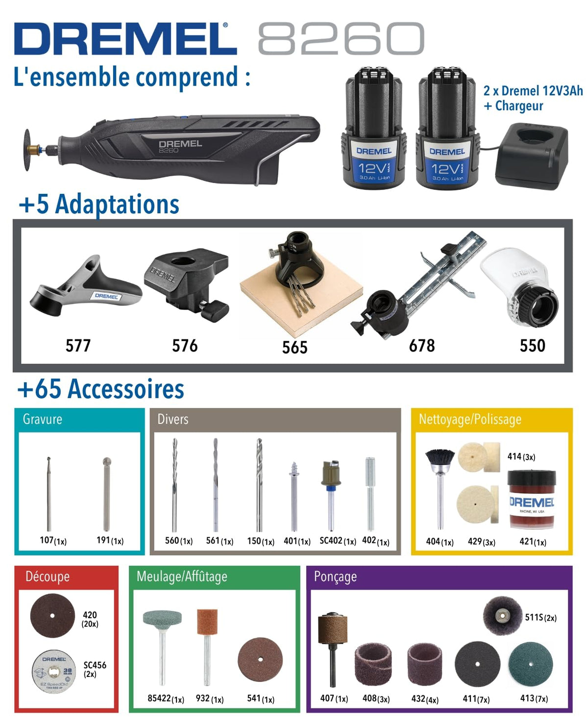 Outil rotatif sans fil 8260 12 V 3 Ah 5000 à 35000 tr/min moteur sans charbon 65 accessoires 5 adaptations 2 batteries