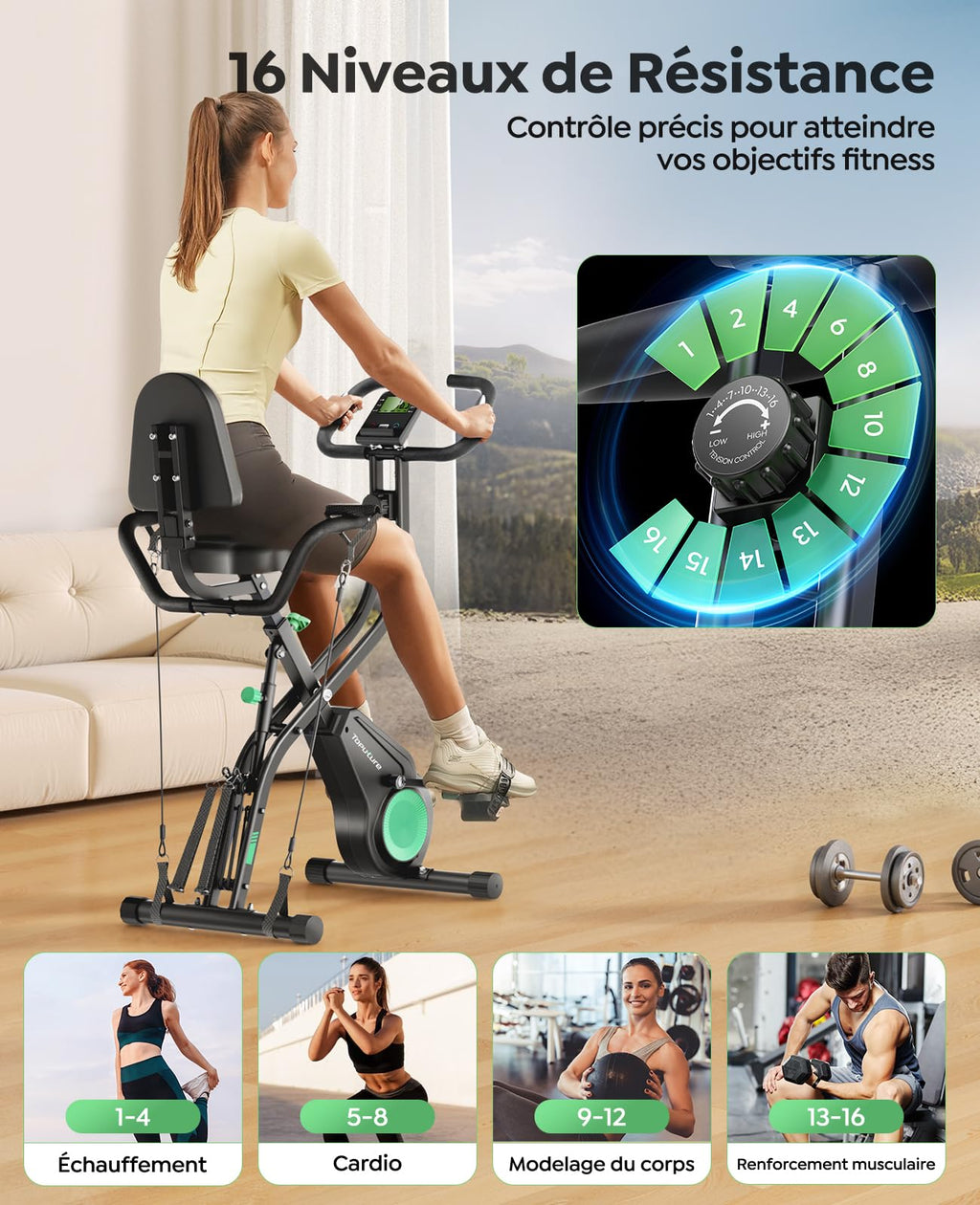 Vélo d’Appartement Pliable 5-en-1 TEB4 Résistance Magnétique 16 Niveaux Écran LCD Bluetooth Charge 140 kg 98,5 x 54 cm