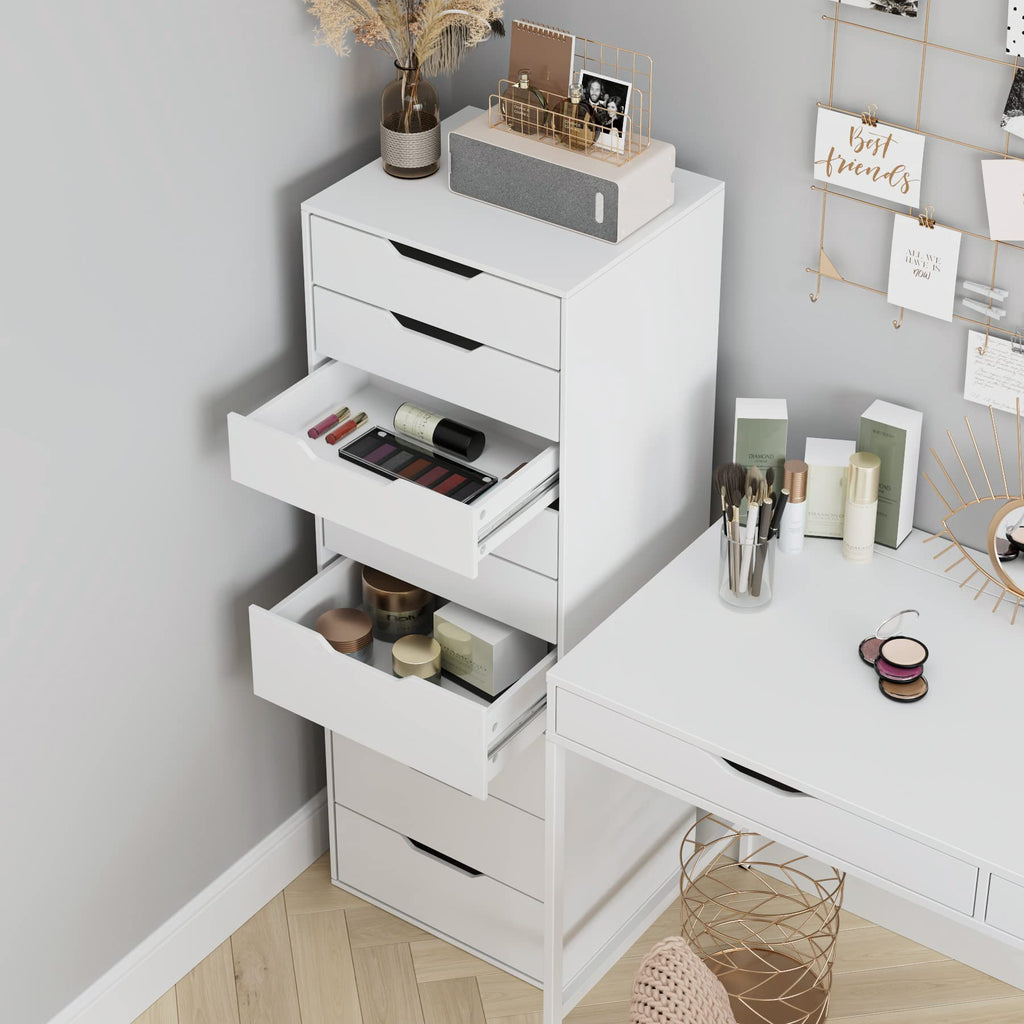 Commode chambre 9 tiroirs M951 124 cm en bois d'ingénierie blanc avec rangement vertical et poignées creuses