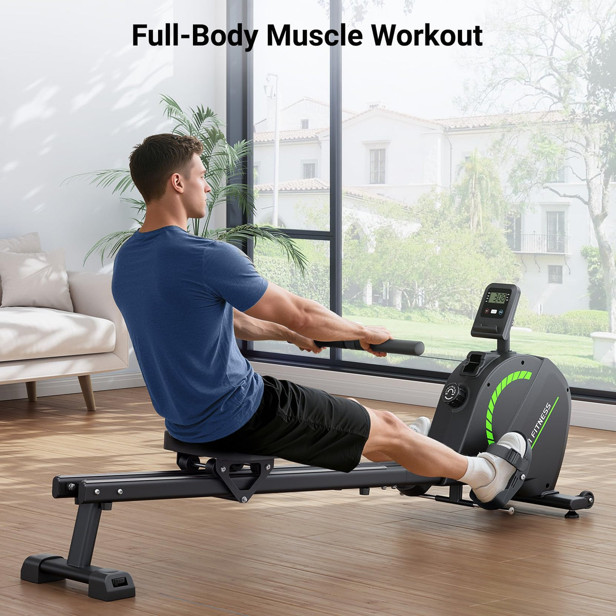 Rameur pliable F203s à résistance magnétique 16 niveaux double rail écran LCD charge maximale 150 kg 158 x 42 x 62 cm