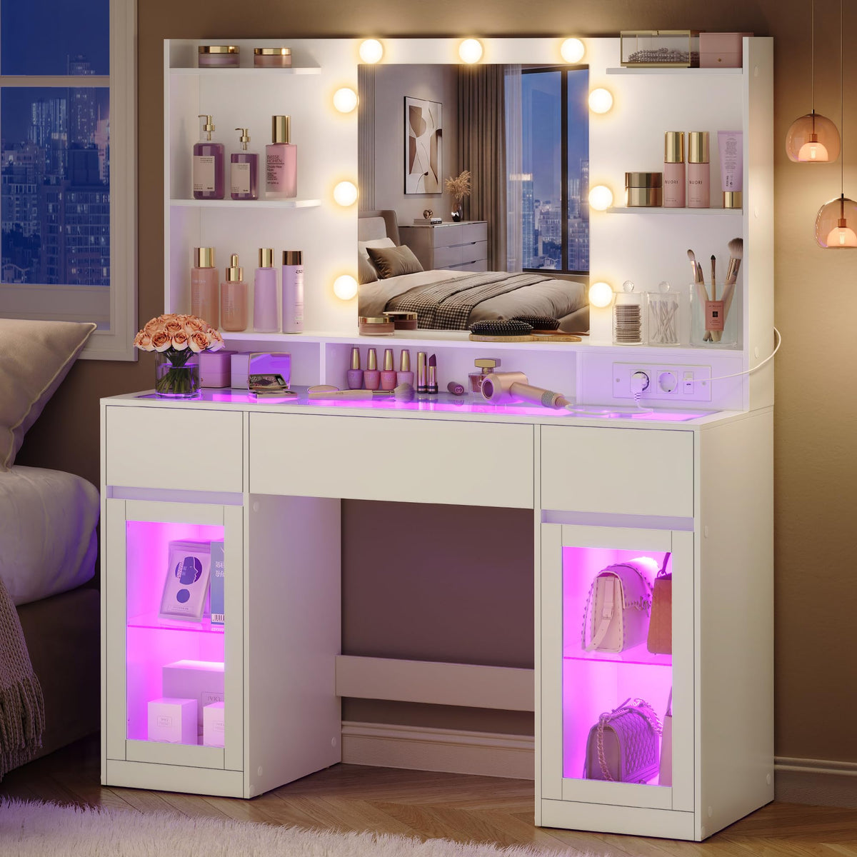 Coiffeuse avec miroir LED RGB 107 x 40 x 144,5 cm 5 tiroirs plateau en verre prises USB armoires de rangement Kailyn RDT145WB01