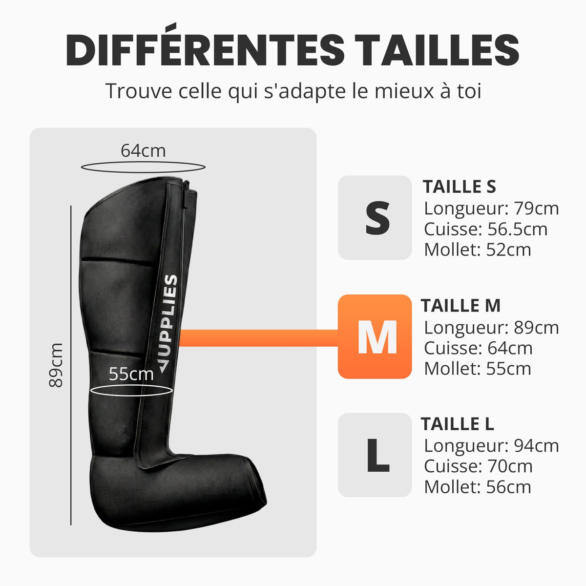Bottes de pressothérapie jambes complètes 6 modes 9 niveaux télécommande avec écran minuteur nylon noir sac de transport
