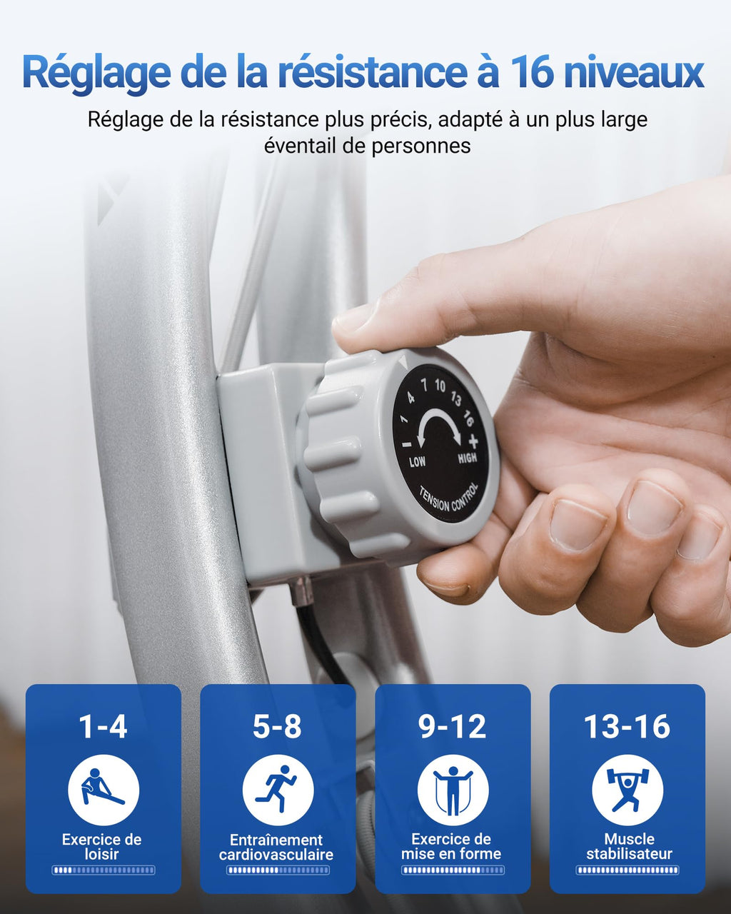 Vélo d’appartement pliable 4 en 1 MR-S15H1 résistance magnétique 16 niveaux écran LCD mesure du pouls avec bande de résistance