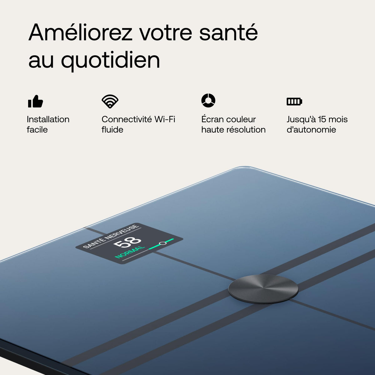 Balance connectée Body Comp BIA Wi-Fi Bluetooth 180 kg composition corporelle fréquence cardiaque écran couleur