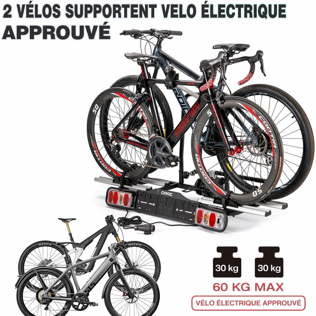Porte-vélos d'attelage pour 2 vélos charge maximale 60 kg avec feu arrière support de plaque pliable