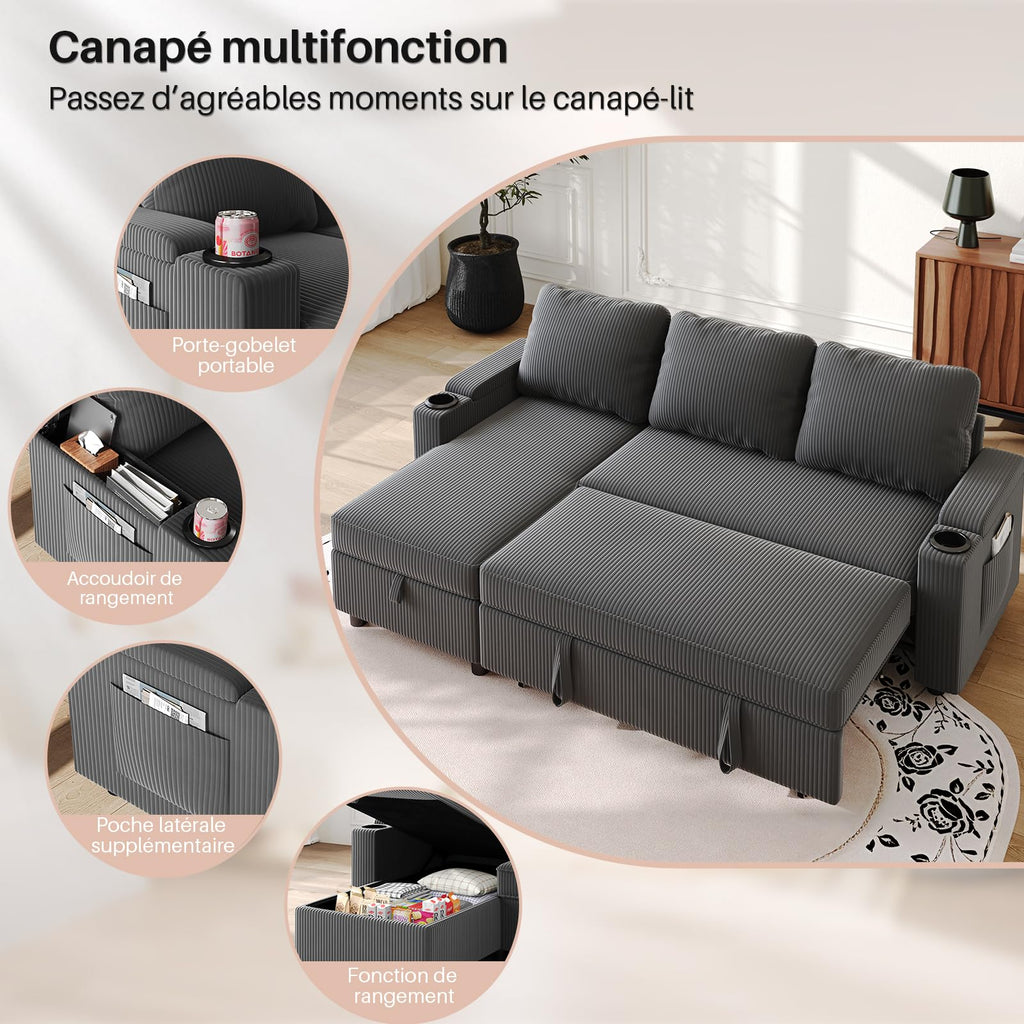 Canapé d'angle convertible 3 places TRFR-SF24-0770B canapé-lit avec rangement chaise longue réversible 120 x 200 x 88 cm