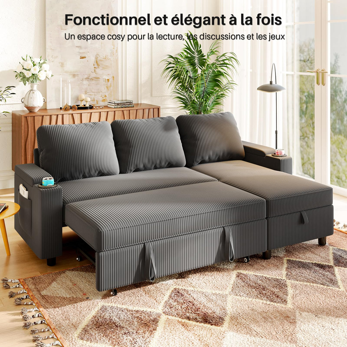 Canapé d'angle convertible 3 places TRFR-SF24-0770B canapé-lit avec rangement chaise longue réversible 120 x 200 x 88 cm