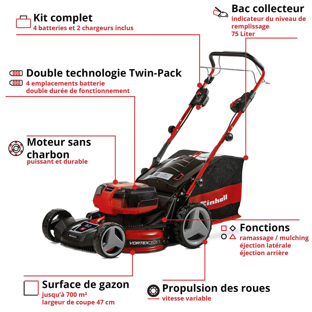 Tondeuse à gazon sans fil GP-CM 36/47 S HW Li 36 V 47 cm autotractée moteur sans charbon 2 batteries 4 Ah 2 chargeurs