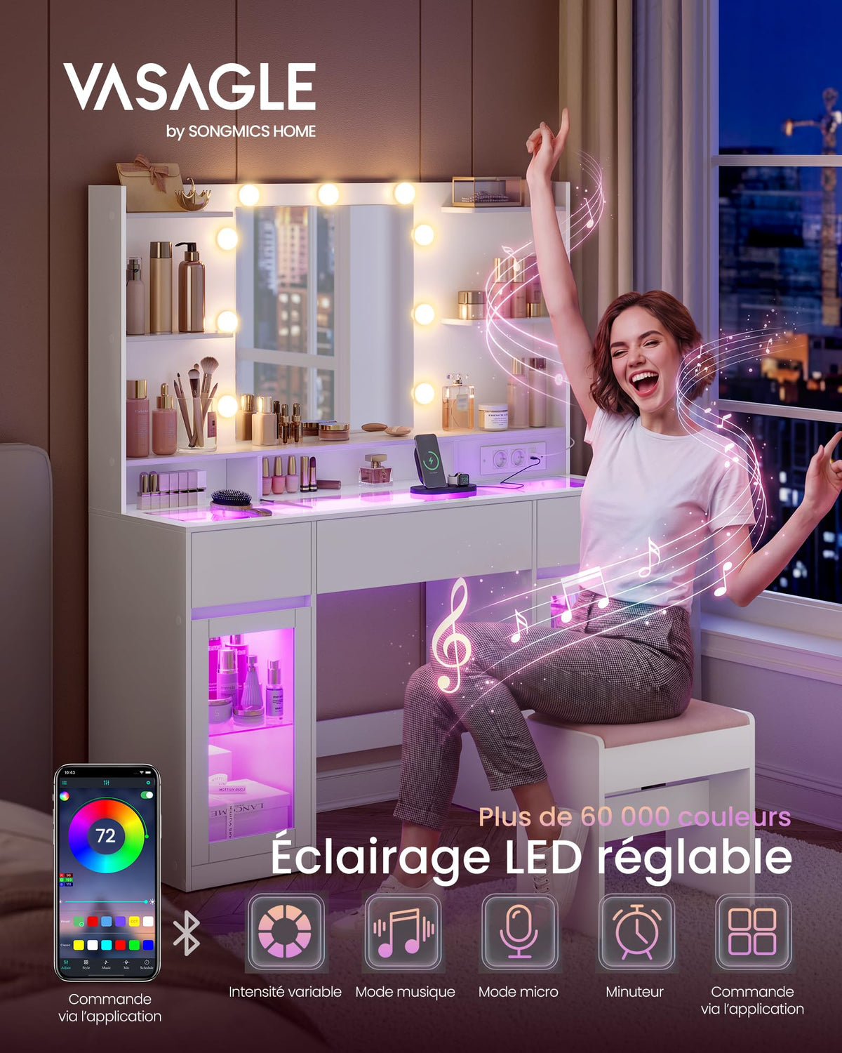 Coiffeuse avec miroir LED RGB 107 x 40 x 144,5 cm 5 tiroirs plateau en verre prises USB armoires de rangement Kailyn RDT145WB01