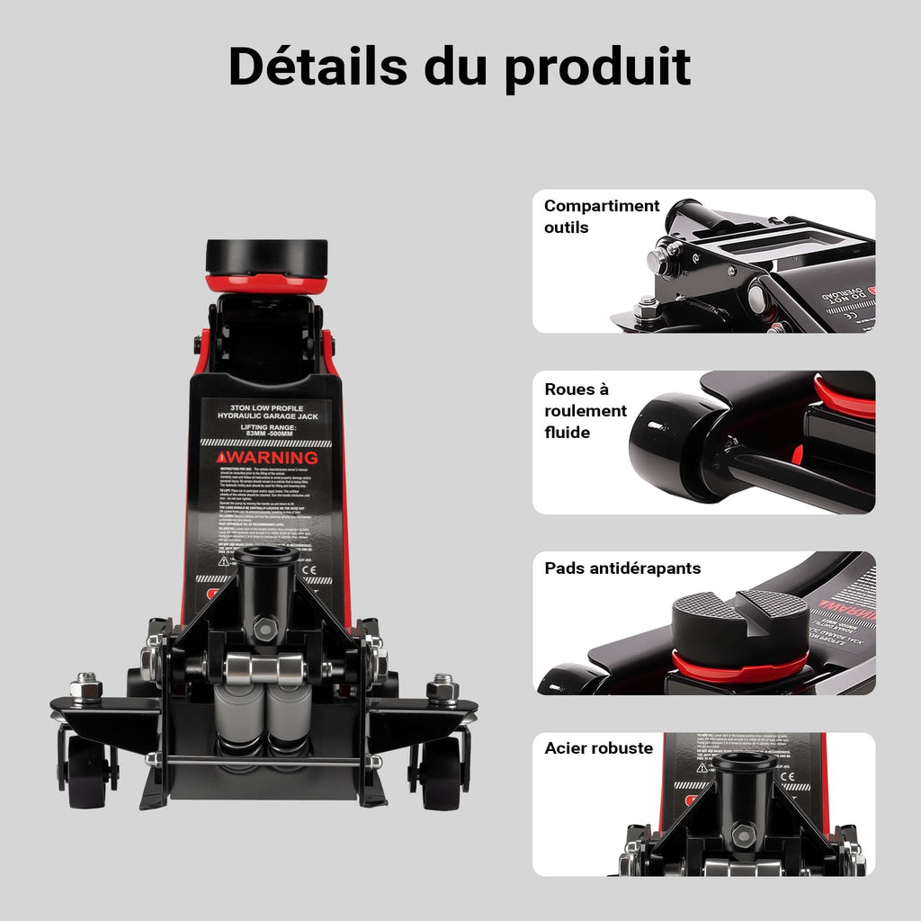 Cric Hydraulique de Sol 3 T 85 à 500 mm Double Pompe Acier Alliage 61 x 26,5 x 15,5 cm 28,78 kg Noir