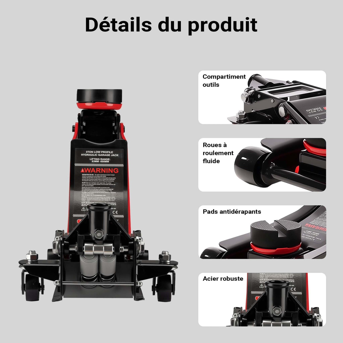Cric Hydraulique de Sol 3 T 85 à 500 mm Double Pompe Acier Alliage 61 x 26,5 x 15,5 cm 28,78 kg Noir