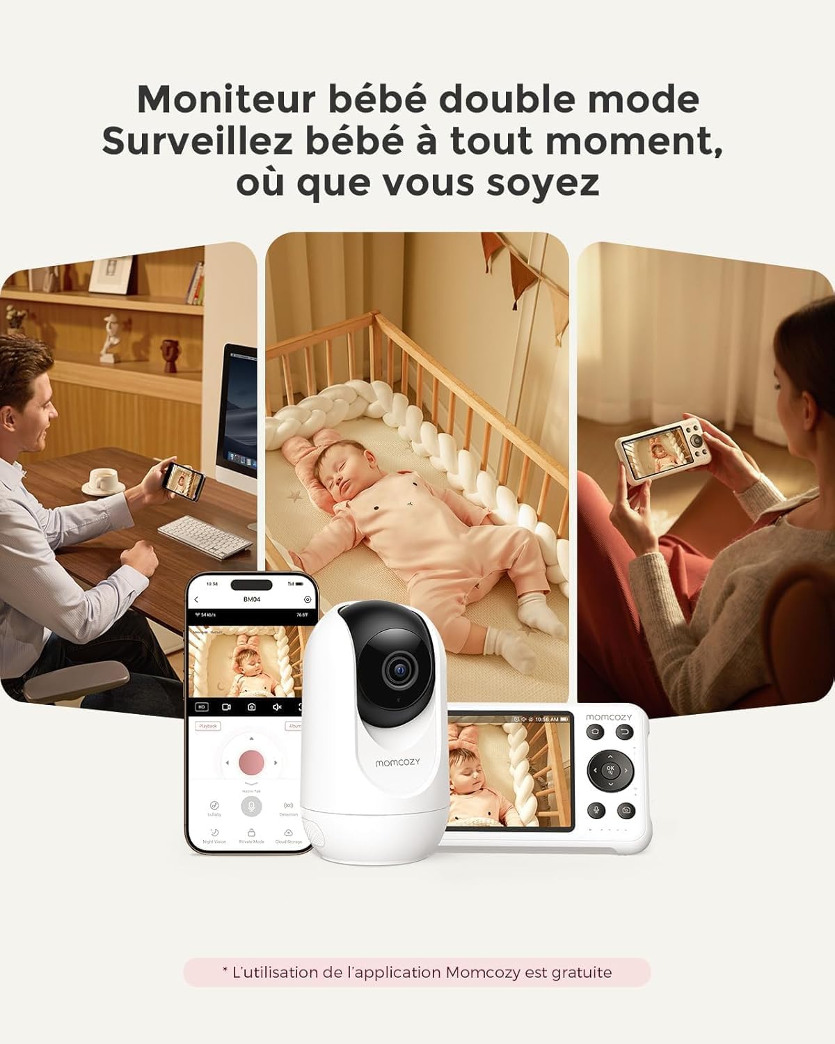 Babyphone caméra BM04-1 écran 5 pouces 1080p Wi-Fi FHSS vision nocturne audio bidirectionnel détection des pleurs et mouvements